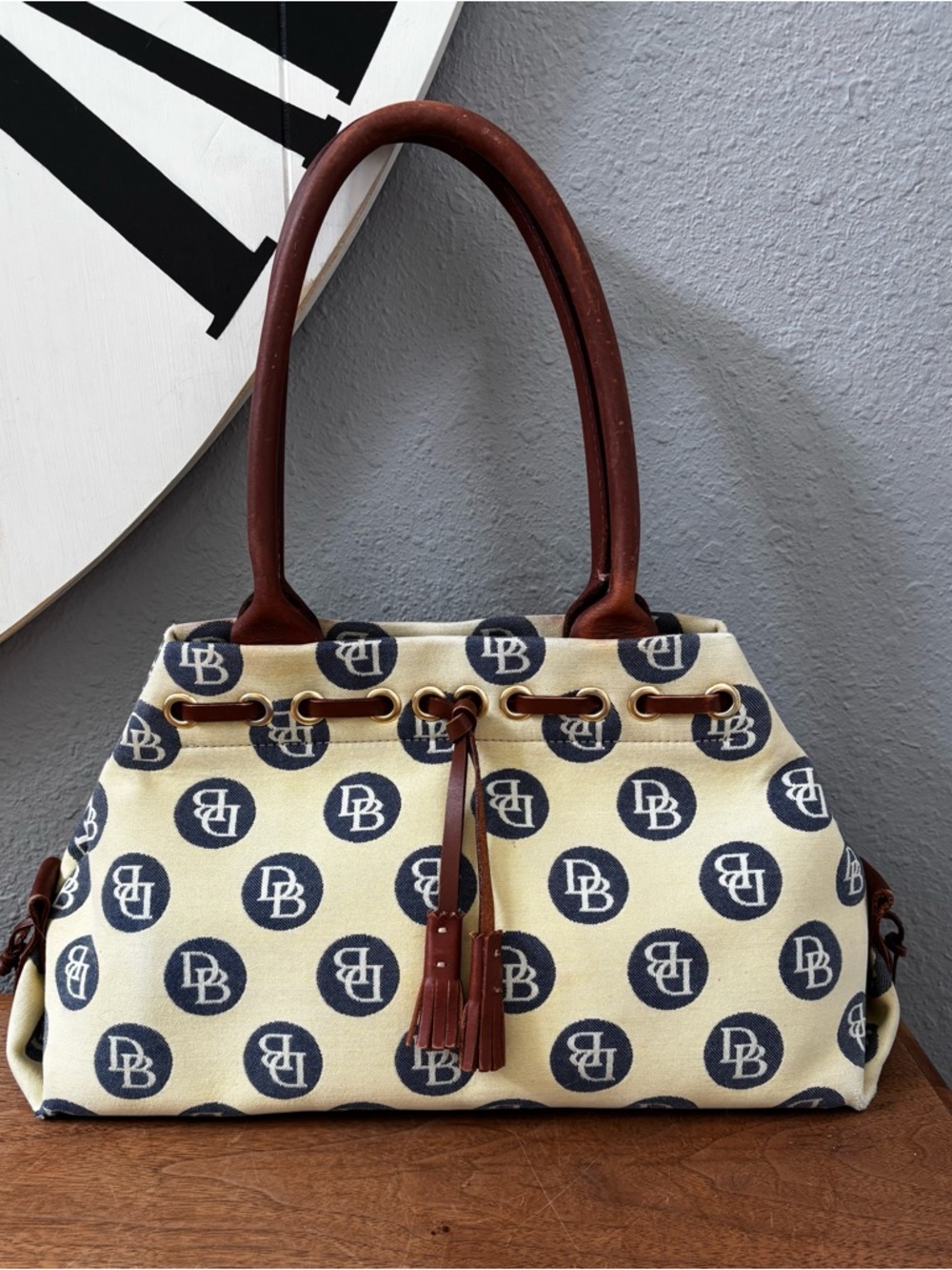 Dooney and Bourke Signature Tassel Tote Pastel Yellow and Blue